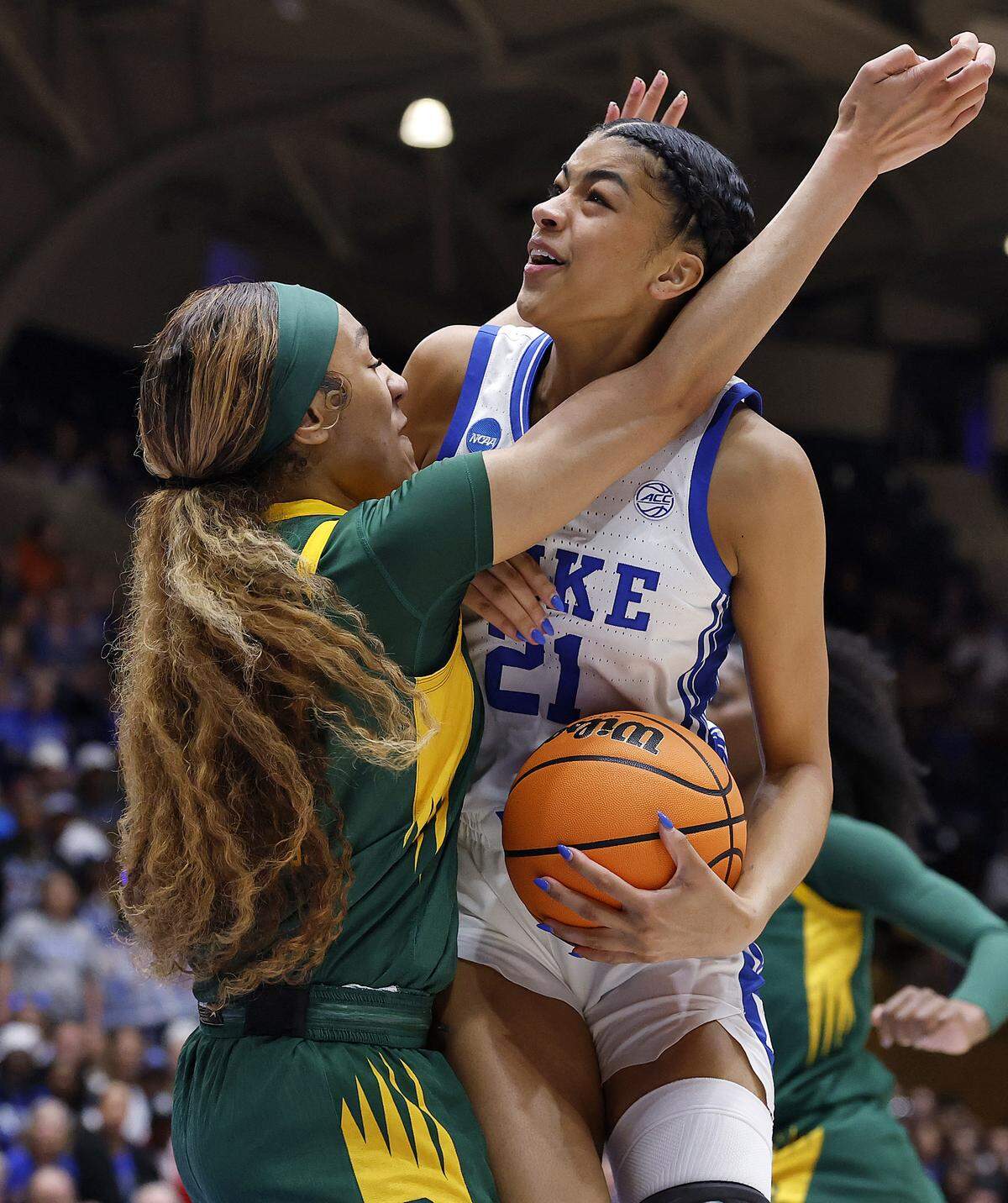 Baylor’s Darianna Littlepage-Buggs pressures Duke’s Arianna Roberson during the first half of the Blue Devils’ 69-46 second-round NCAA Tournament win on Sunday, March 22, 2026, at Cameron Indoor Stadium in Durham, N.C.