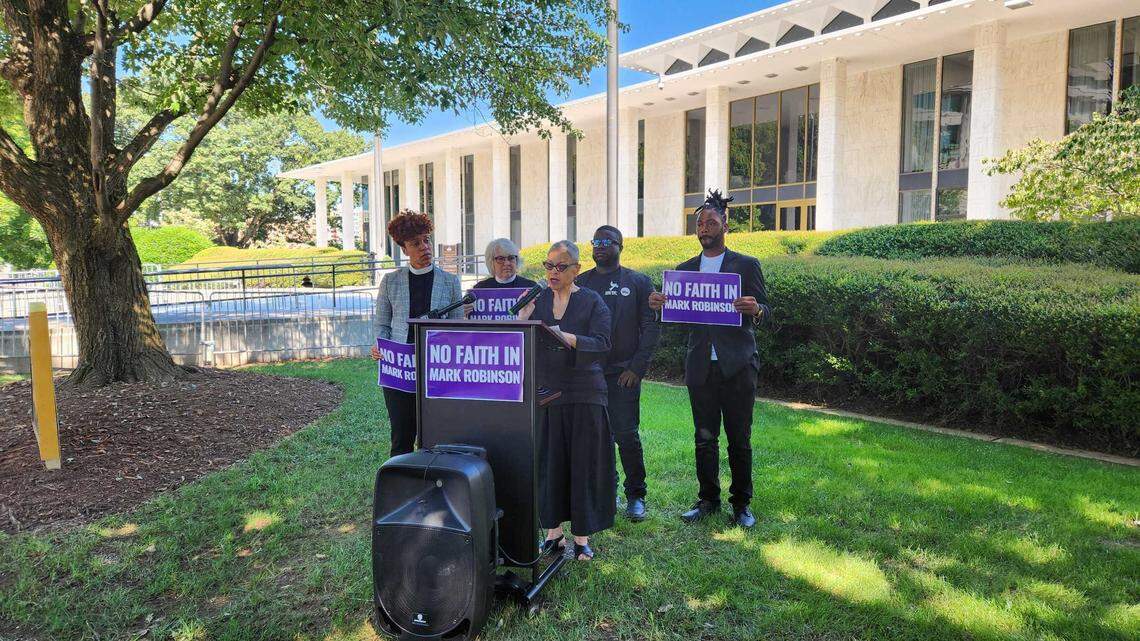 Rev. Lynice Pinkard, ordained in the United Church of Christ, speaks out against Republican Lt. Gov. Mark Robinson, who is running for governor and has a history of anti-LGBTQ+ comments, during a news conference at the N.C. Legislative Building on Wednesday, Aug. 14, 2024. She was joined by other progressive clergy.