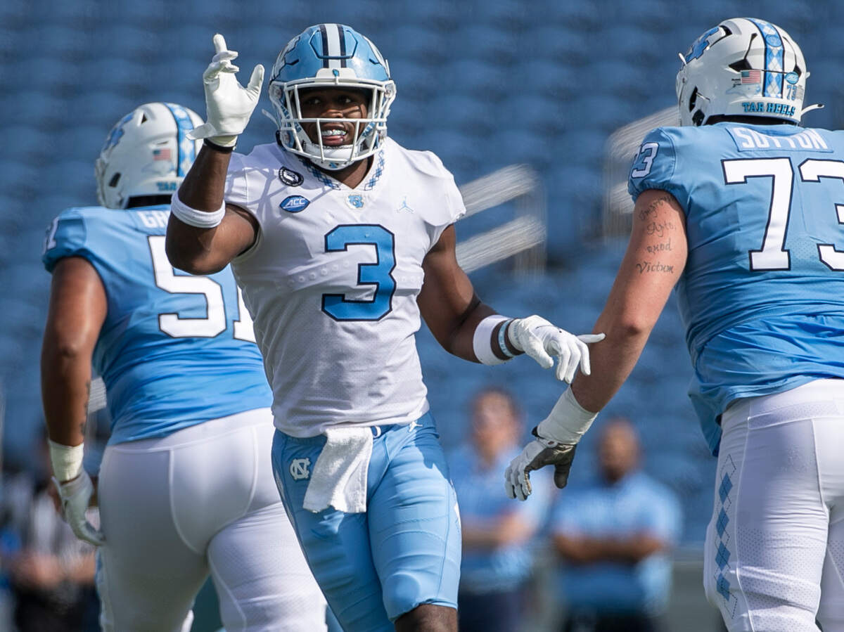 North Carolina’s Amari Gainer (3) reacts following a quarterback sack during the Tar Heels’ spring football game on Saturday, April 15, 2023 at Kenan Stadium in Chapel Hill, N.C.
