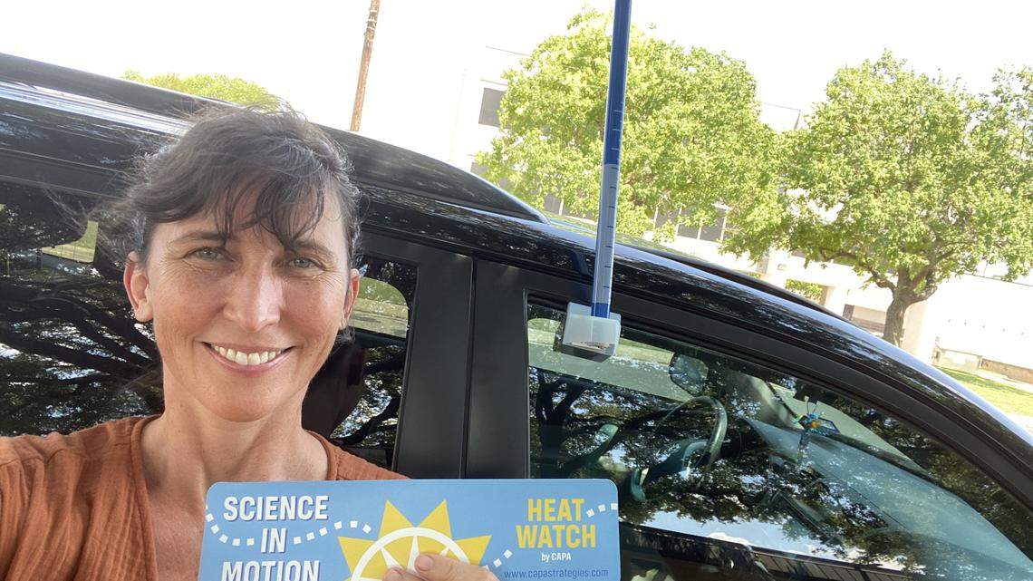 Volunteers will drive across Durham and Raleigh this summer using sensors to map urban heat islands in the two cities as part of a project with NOAA’s National Integrated Heat Health Information System. Here, April Rose from the City of Austin’s Forestry Division is shown with one of the sensors mounted to a car.