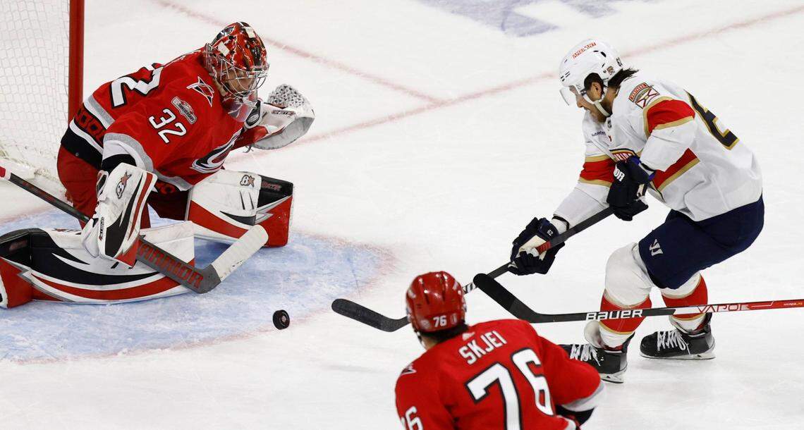 Carolina goaltender Antti Raanta (32) makes the stop on a shot by Florida defenseman Brandon Montour (62) during the first period of game two between the Hurricanes and Panthers in the Eastern Conference Finals at PNC Arena in Raleigh, N.C., Saturday, May 20, 2023.