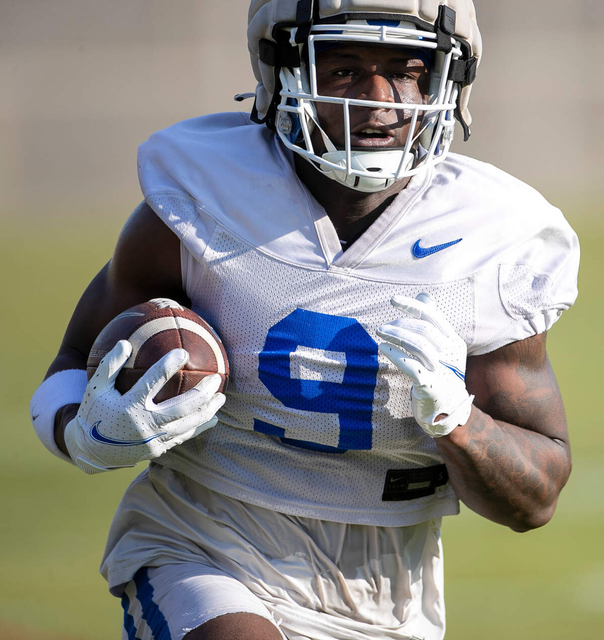 Duke running back Jaquez Moore (9) carries the ball during the Blue Devils’ spring practice on Friday, March 24, 2023 in Durham, N.C.