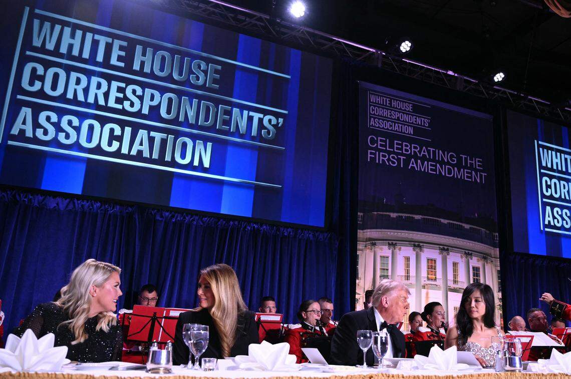 (L/R) White House Press Secretary Karoline Leavitt, US First Lady Melania Trump, US President Donald Trump and CBS News senior White House correspondent Weijia Jiang attend the White House Correspondents' dinner at the Washington Hilton in Washington, DC, on April 25, 2026. President Trump is attending the annual gala of the political press for the first time while in office. 