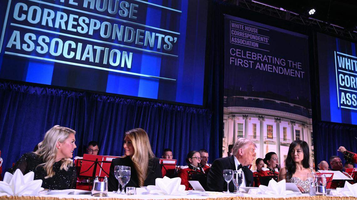 (L/R) White House Press Secretary Karoline Leavitt, US First Lady Melania Trump, US President Donald Trump and CBS News senior White House correspondent Weijia Jiang attend the White House Correspondents' dinner at the Washington Hilton in Washington, DC, on April 25, 2026. President Trump is attending the annual gala of the political press for the first time while in office.