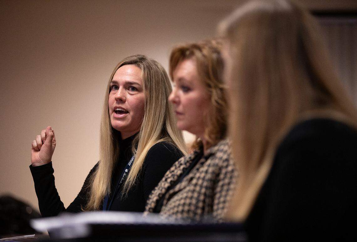 Jenny Vogel, a clinical pharmacist, speaks about the plan’s approach to weight-loss drugs during a meeting of the board of trustees on Thursday, Jan. 25, 2024, in Raleigh, N.C. The board voted to end all plan coverage of weight loss drugs beginning April 1.