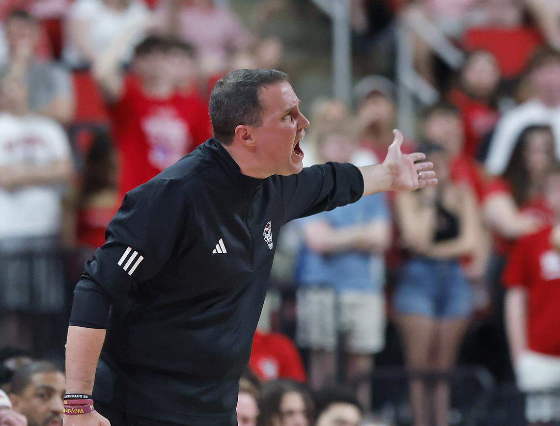 N.C. State's head coach Will Wade reacts to a call by an official during the first half of the Wolfpack’s game against Stanford on Saturday, March 7, 2026, at Lenovo Center in Raleigh, N.C.