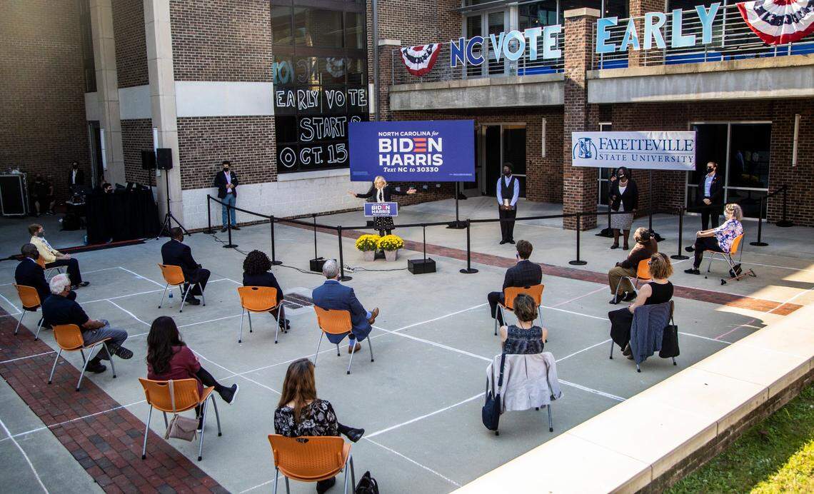 Jill Biden campaigns for her husband and former Vice President Joe Biden before a small crowd outside the Rudolph Jones Student Center at Fayetteville State University in Fayetteville, NC during a Get Out the Vote rally on Tuesday, Oct. 6, 2020.