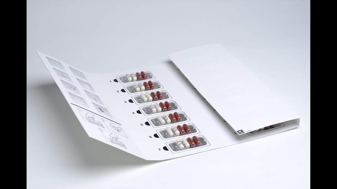 A two-week dose of AR101, the new 'peanut pill' which could be available at the end of 2019.  Each day in this folder includes four capsules of proprietary peanut flour to open and mix into food.  Patients will visit their allergist every two weeks to "updose" to a new folder with different capsules.