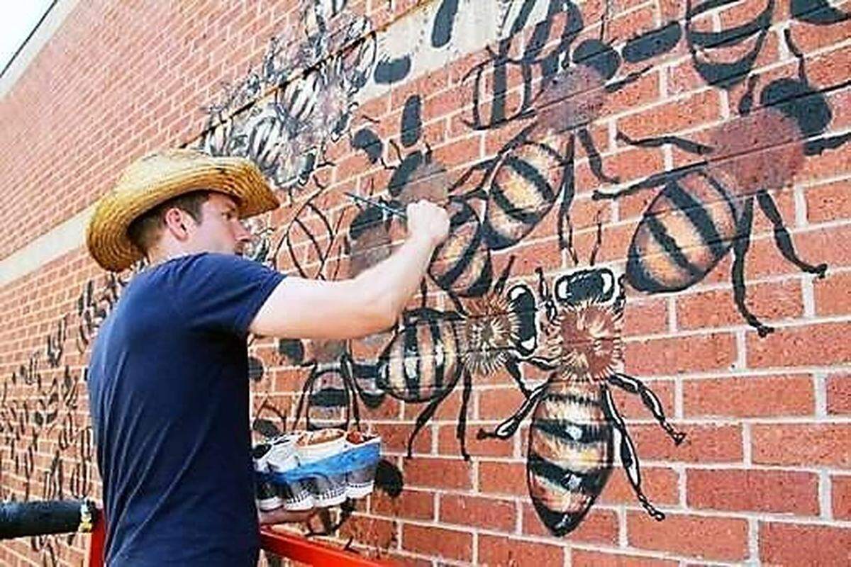 Artist Matthew Willey, founder of The Good of the Hive Initiative, stopped in Carrboro on his trek to paint 50,000 honeybees around the world in 2016. He also painted this bee swarm on the side of Estes Hills Elementary School in Chapel Hill.