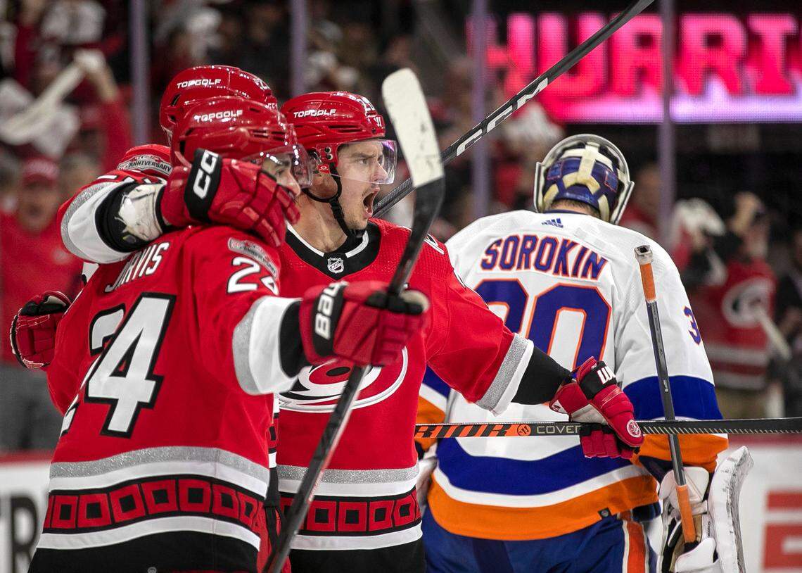 The Carolina Hurricanes Sebastian Aho (20) reacts after a goal by Stefan Noesen (23) in the first period against the New York Islanders during Game 5 of their Stanley Cup series on Tuesday, April 25, 2023 at PNC Arena in Raleigh, N.C. The goal was overturned as Noesen was called offsides.