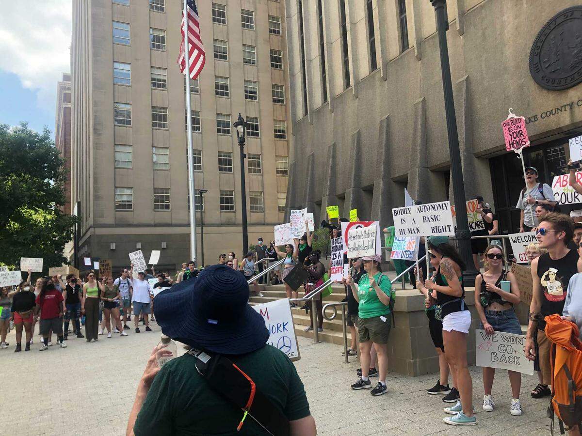 Protesters decrying the U.S. Supreme Court’s decision to overturn Roe v. Wade gathered in downtown Raleigh Monday, July 4, 2022.