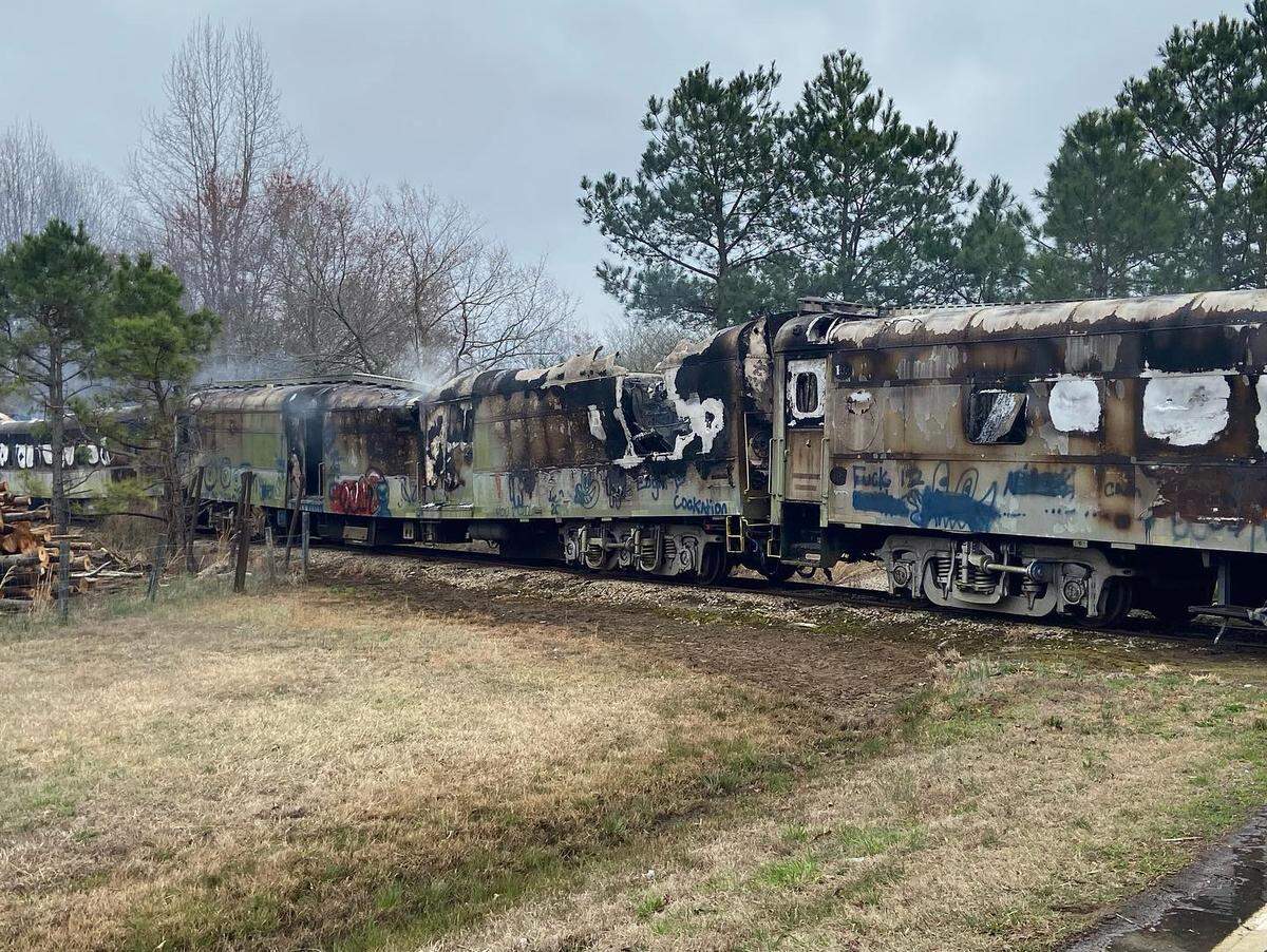 Fire heavily damaged four former circus train cars that the N.C. Department of Transportation was storing in the woods in Nash County on March 10.