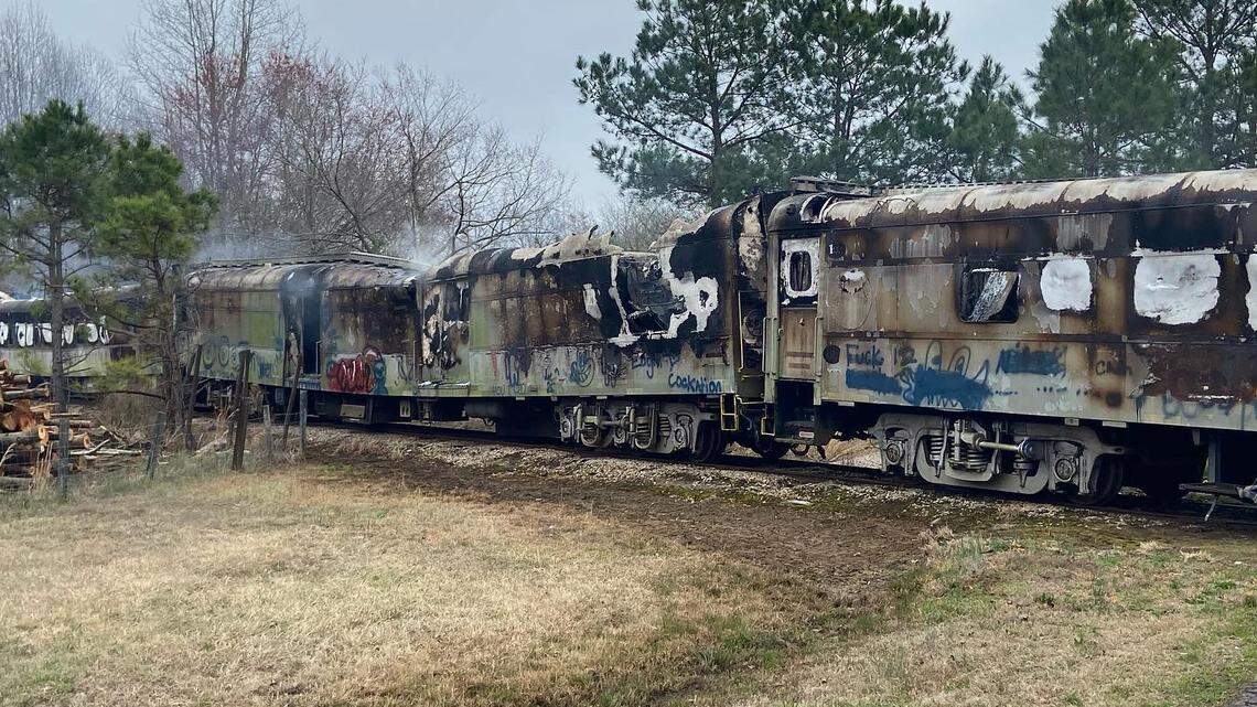 A fire on March 20, 2022, heavily damaged four former circus train cars that the N.C. Department of Transportation was storing in the woods in Nash County.