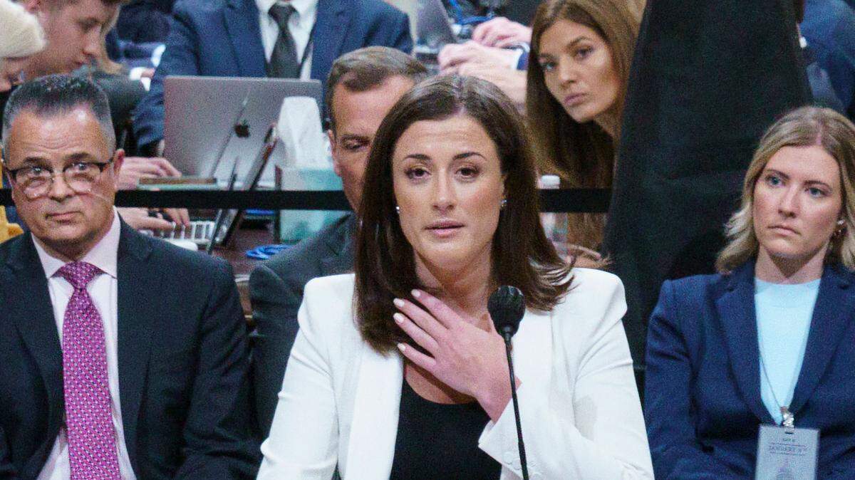 Cassidy Hutchinson, an aide to then White House chief of staff Mark Meadows, describes the actions of then-former president Donald Trump as she testifies during a House Select Committee hearing to Investigate the January 6th Attack on the US Capitol, in the Cannon House Office Building on Capitol Hill in Washington, DC on June 28, 2022. 
