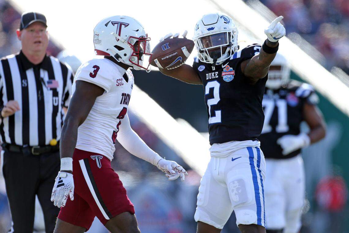 Duke Blue Devils wide receiver Sahmir Hagans (2) reacts after making a reception for a first down during their bowl game against the Troy Trojans in Birmingham, Ala. Saturday, Dec. 23, 2023.