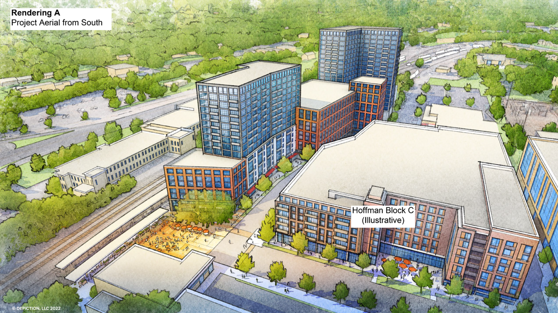 A sketch showing the proposed redevelopment of the Logan’s Garden Shop on the north side of downtown Raleigh. The old Seaboard Station train depot would be moved north of the 20-story tower shown here, while sections of one of the station’s canopies would be incorporated into two plazas on either end of the complex.