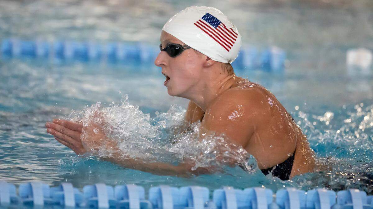 Olympic gold medalist Katie Ledecky works out during the United States Olympic Swim Team practice on Saturday, July 6, 2024 at the Triangle Aquatic Center in Cary, N.C.