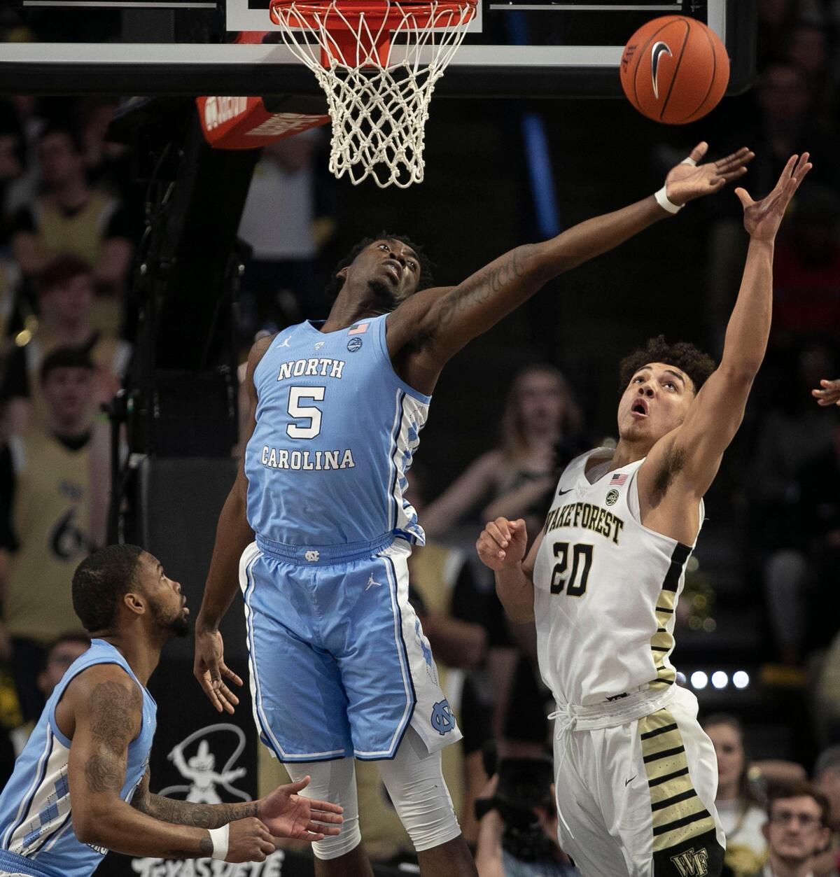 North Carolina’s Nassir Little (5) goes after a defensive rebound over Wake Forest’s Michael Wynn (20) during the first half on Saturday, February 16, 2019 at Lawrence Joel Coliseum in Winston-Salem, N.C.