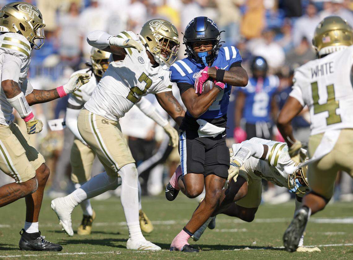 Duke’s Que'Sean Brown runs the ball during the second half of the Blue Devils’ 27-18 loss to Georgia Tech on Saturday, Oct. 18, 2025, at Wallace Wade Stadium in Durham, N.C.
