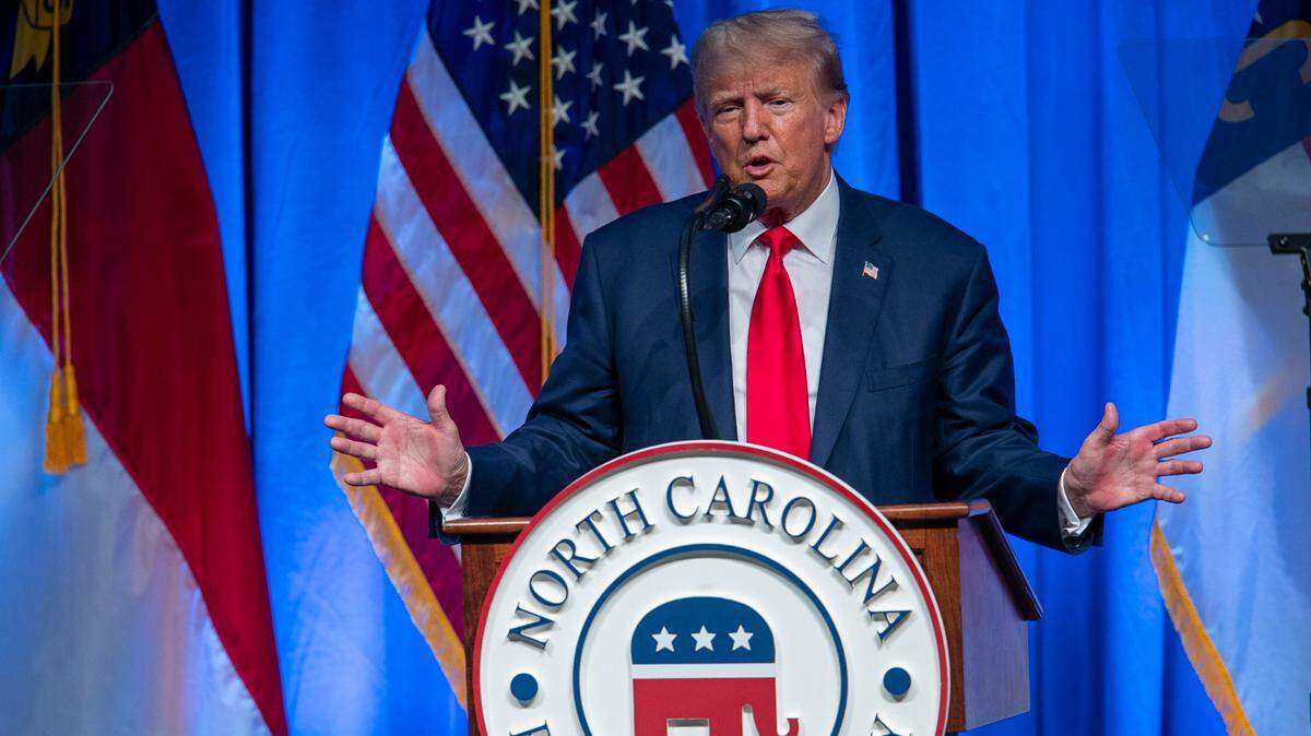 Former President Donald Trump addresses the North Carolina Republican Party Convention at the Koury Convention Center on Saturday, June 10, 2023 in Greensboro, N.C.