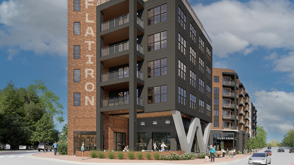 A rendering of Flatiron, a newly proposed 213-unit mixed-use building for Cary’s downtown.