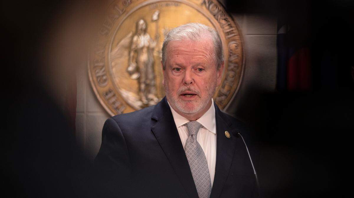 Senate leader Phil Berger speaks about the introduction of legislation to restructure the State Board of Elections during a press conference at the Legislative Building on Monday, June 12, 2023, in Raleigh, N.C.