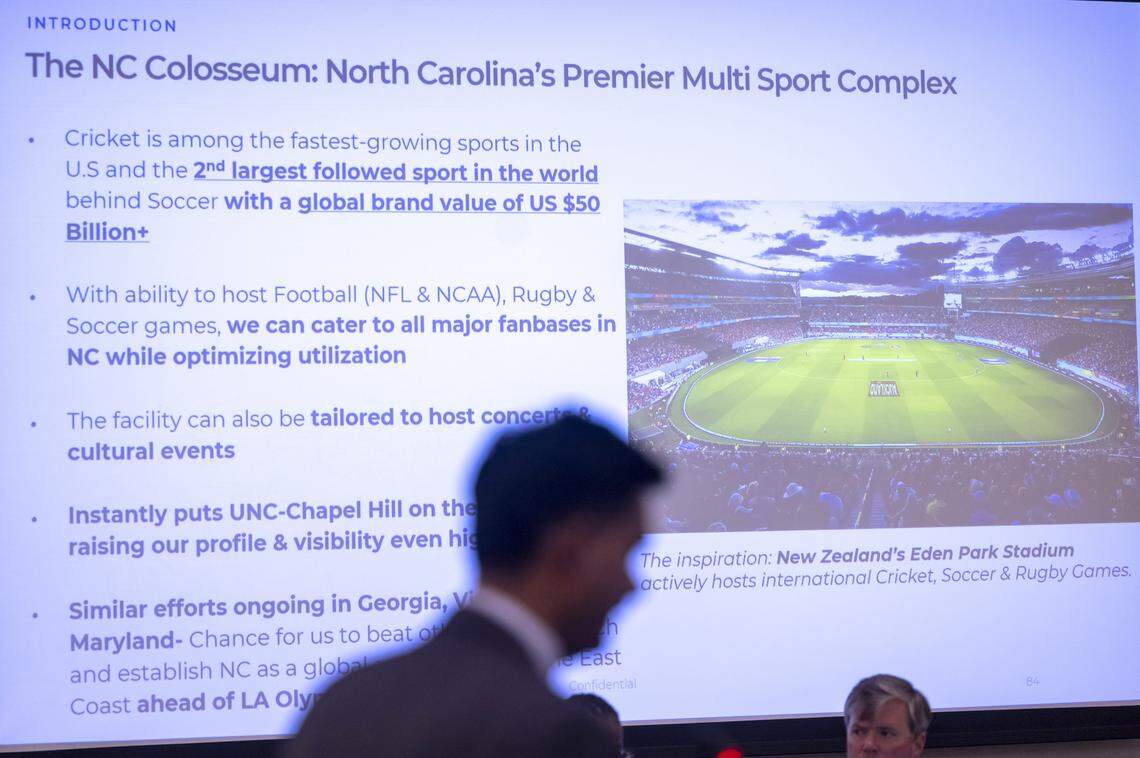 Vijay Nandakumar delivers a presentation to the UNC Board of Trustees about a proposed facility able to host multiple sports, including cricket, at Carolina North campus in July.