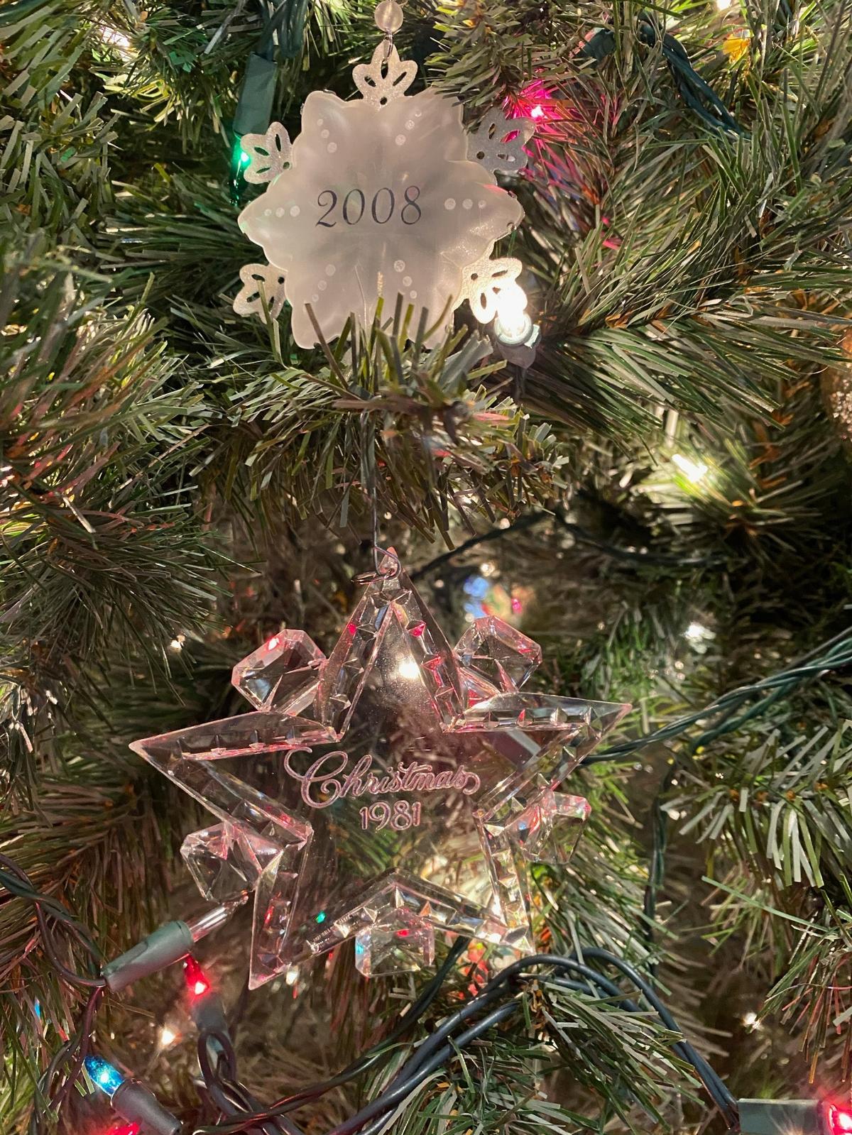 Lee Ann Spahr’s Christmas ornaments honoring her mother and father.