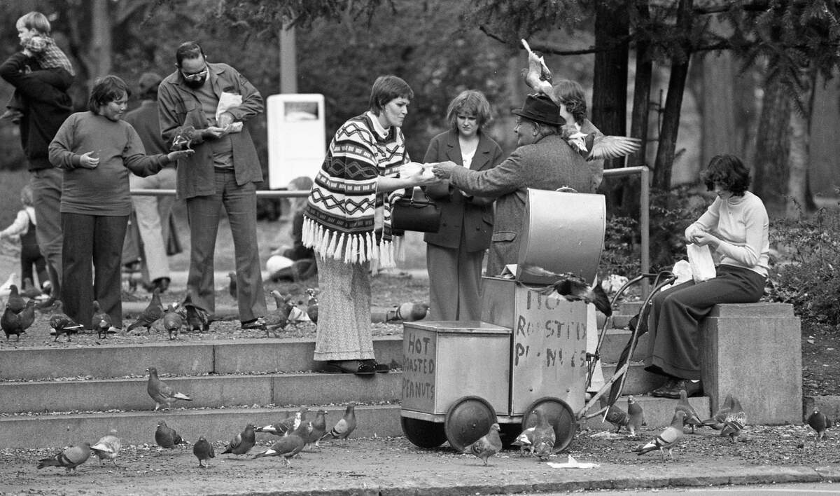 Jesse Broyles, known as “The Peanut Man” serves customers from his hot roasted peanuts cart in Raleigh in 1973.