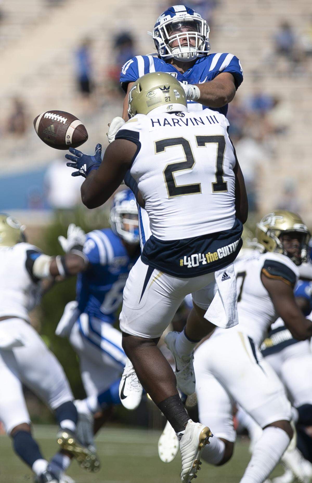 Duke’s Xander Gagnon (41) blocks a punt by Georgia Tech’s Pressley Harvin III (27) in the second quarter on Saturday October 12, 2019 at Wallace Wade Stadium in Durham, N.C.