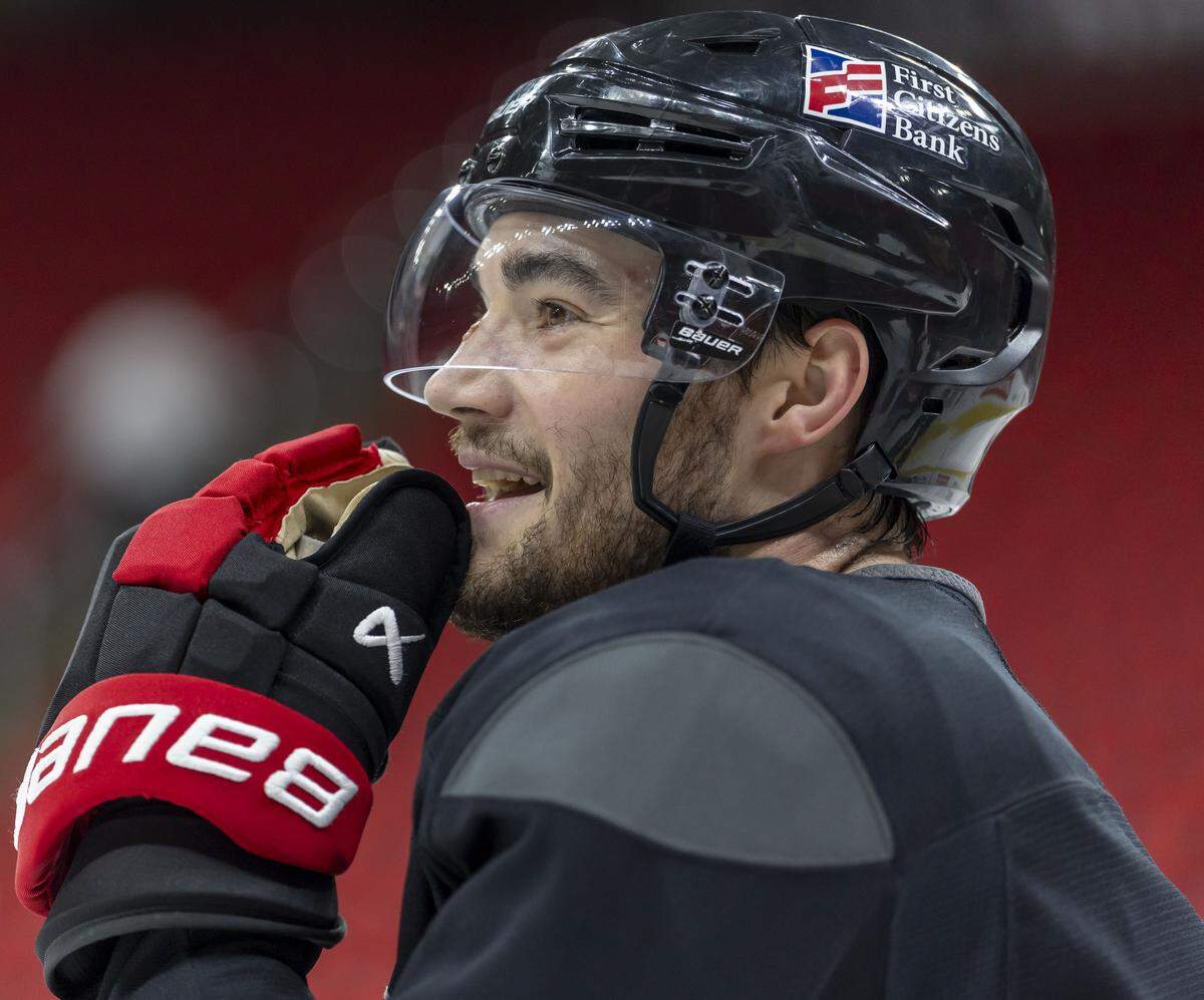 Carolina Hurricanes defenseman Sean Walker (26), during practice on Tuesday, May 12, 2026, at Lenovo Center in Raleigh, N.C.