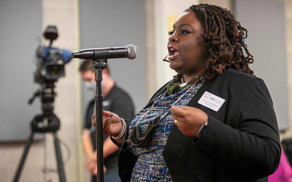 Attorney Dawn Blagrove speaks before the House Rules Committee at the General Assembly on Wednesday, November 17, 2021 in Raleigh, N.C. Blagrove is the Executive Director of Emancipate NC, an advocate for voting rights and was asking the committee to protect the rights of the voting public as they proposed rule changes for absentee voting.