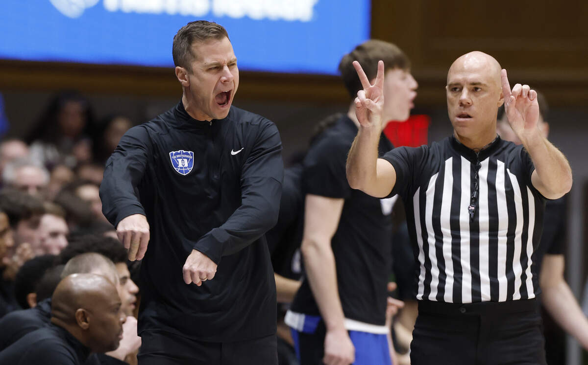 Duke head coach Jon Scheyer is not happy with official Tommy Morrissey during the first half of Duke’s game against Clemson at Cameron Indoor Stadium in Durham, N.C., Sat., Feb. 14, 2026.
