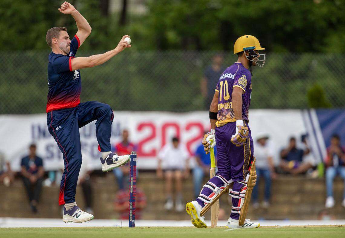 South African Anrich Nortje of the Washington Freedom bowls against the LA Knight Riders, during a Major League Cricket match on Thursday, July 20, 2023 at Church Street Park in Morrisville, N.C. Nortje, age 29, is one of the top cricketers in the world