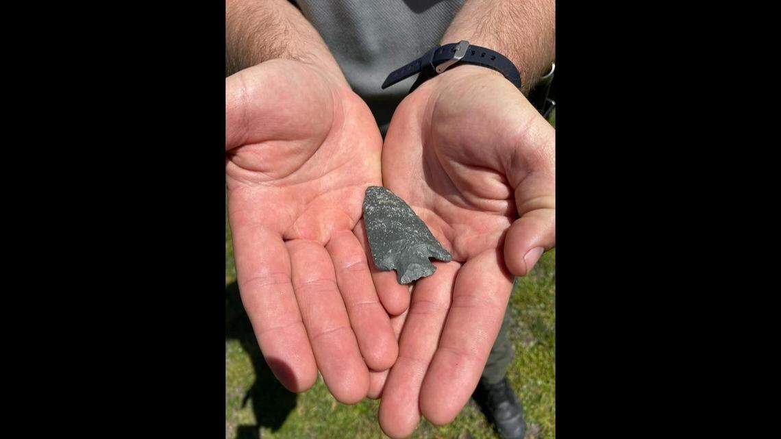 This projectile point found at Cape Lookout National Seashore in North Carolina is a Kirk Corner-Notched Point and could be 8,000 to 10,000 years old, the National Park Service says.