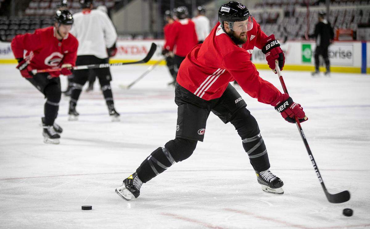 Carolina Hurricanes’ Derek Stepan (18) works out during practice on Friday, May 13, 2022 as they prepare for game seven in the Stanley Cup first round series against Boston at PNC Arena in Raleigh, N.C.