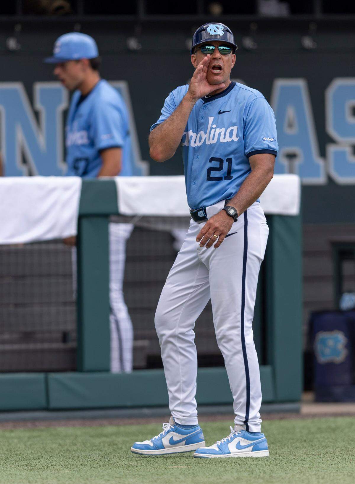 North Carolina coach Scott Forbes questions a pitch call by the umpire in the eight inning against Arizona during the NCAA Super Regional on Saturday, June 7, 2025 at Boshamer Stadium in Chapel Hill, N.C.