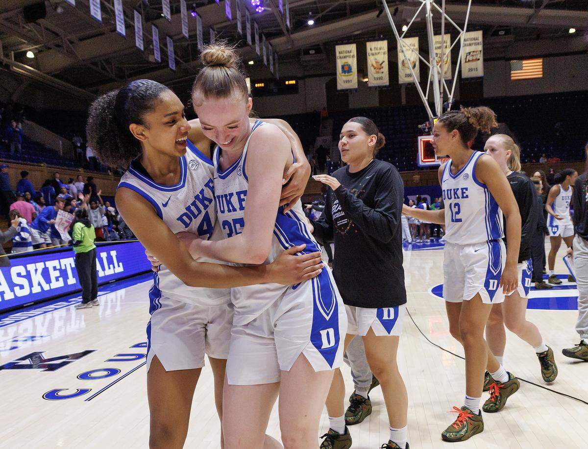 Duke’s Riley Nelson and Toby Fournier walk off the court following the Blue Devils’ 83-65 win over N.C. State on Thursday, Feb. 19, 2026, at Cameron Indoor Stadium in Durham, N.C. 