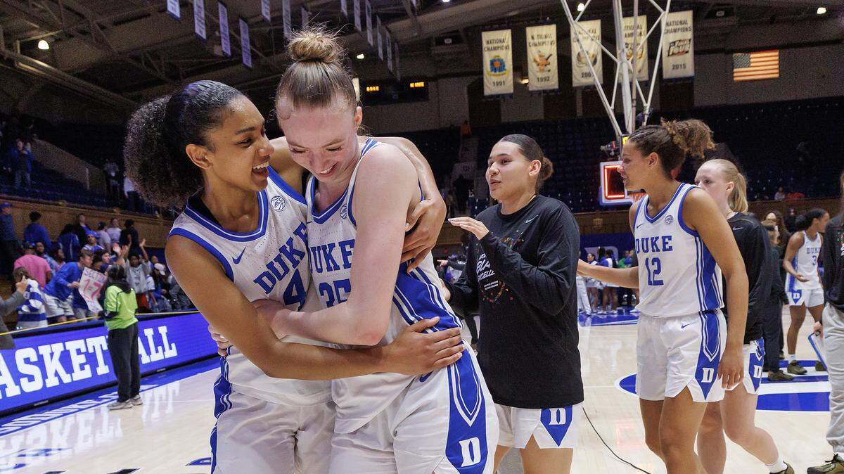 Duke’s Riley Nelson and Toby Fournier walk off the court following the Blue Devils’ 83-65 win over N.C. State on Thursday, Feb. 19, 2026, at Cameron Indoor Stadium in Durham, N.C.