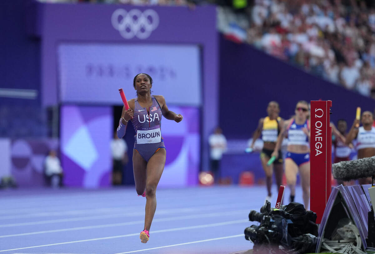 Aug 2, 2024; Paris, FRANCE; Kaylyn Brown (USA) in the 1,600-meter relay mixed round 1 during the Paris 2024 Olympic Summer Games at Stade de France.