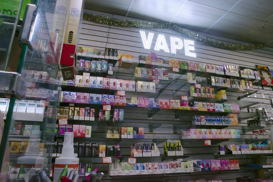Disposable e-cigarettes line the shelves of a Chapel Hill convenience store on April 25, 2024.