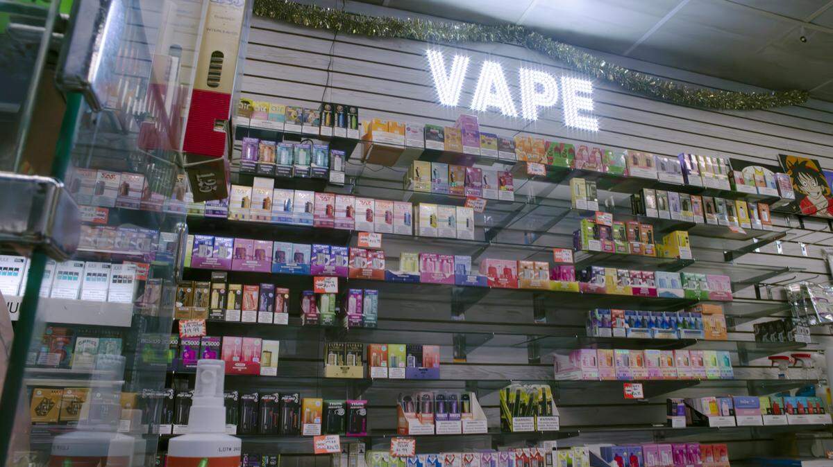 Disposable e-cigarettes line the shelves of a Chapel Hill convenience store on April 25, 2024.  