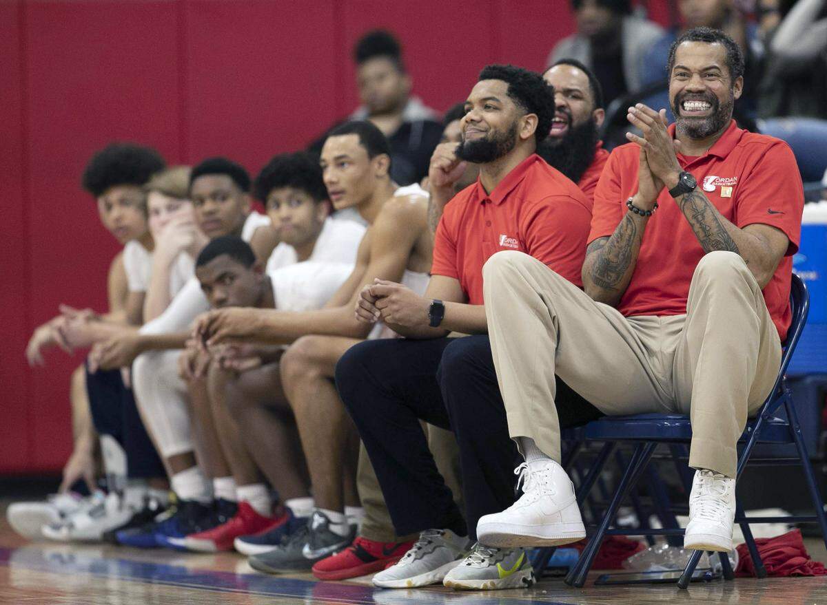 C.E. Jordan High School basketball coach Rasheed Wallace reacts during the Falcons’ game against Cary on Tuesday, February 4, 2020 in Durham, N.C. Wallace is a former Tar Heel and NBA All-Star in his first year coaching at Jordan High School.