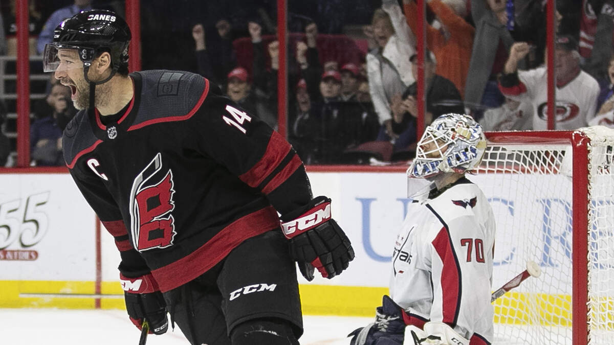 Carolina Hurricanes’ Justin Williams (14) celebrate after scoring on Washington Capitals’ goalie Braden Holtby (70) in the third period during Game 6 of their first round Stanley Cup series game on Monday, April 22, 2019 at PNC Arena in Raleigh, N.C.