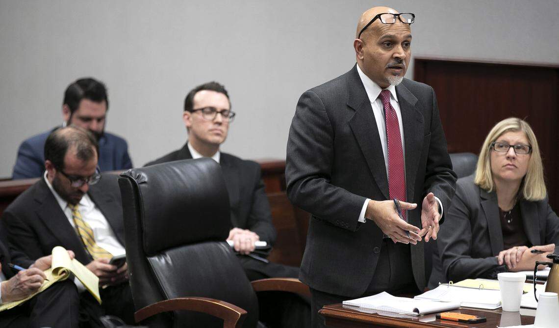 Attorney Amar Majmundar with the NC Department of Justice argues for the State during a hearing on Mark E. Harris v. NC State Board of Elections on Tuesday, January 22, 2019 in Superior Court in Raleigh, N.C.