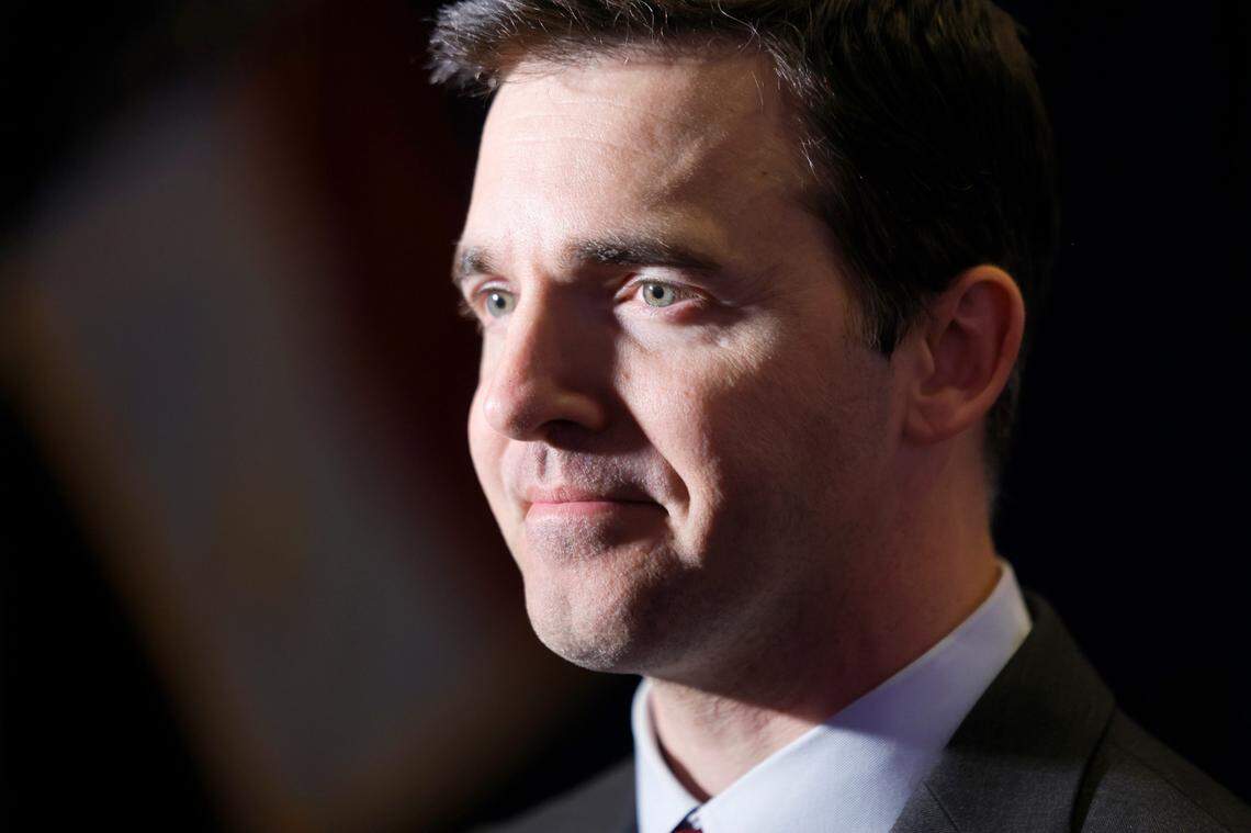 Attorney General-elect Jeff Jackson talks to the media during a North Carolina Democratic Party election night event at the Marriott City Center in Raleigh, N.C., Tuesday, Nov. 5, 2024.