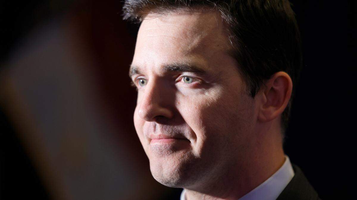 Attorney General-elect Jeff Jackson talks to the media during a North Carolina Democratic Party election night event at the Marriott City Center in Raleigh, N.C., Tuesday, Nov. 5, 2024.