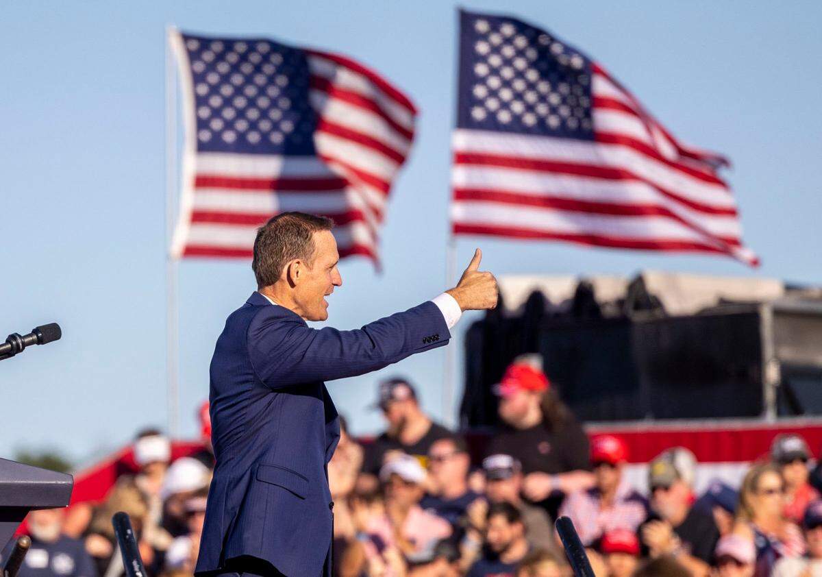 U.S. Senate candidate Ted Budd appears at a rally featuring former President Donald Trump at Wilmington International Airport Friday, Sept. 23, 2023.
