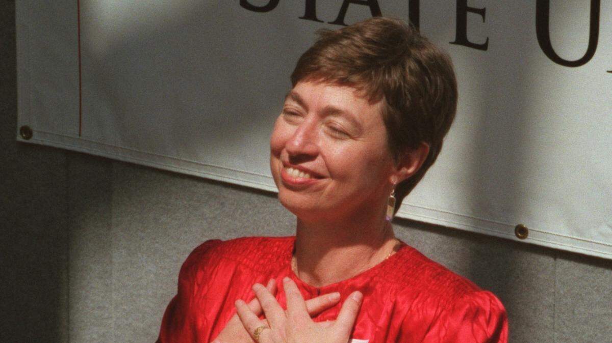 NC State chancellor-elect Marye Anne Fox reacts to the welcome she received as she was introduced to faculty and staff at NCSU’s Centennial Campus in 1998.