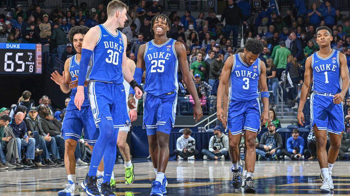 Jan 6, 2024; South Bend, Indiana, USA; Duke Blue Devils players smile in the closing seconds of the game against the Notre Dame Fighting Irish at the Purcell Pavilion.